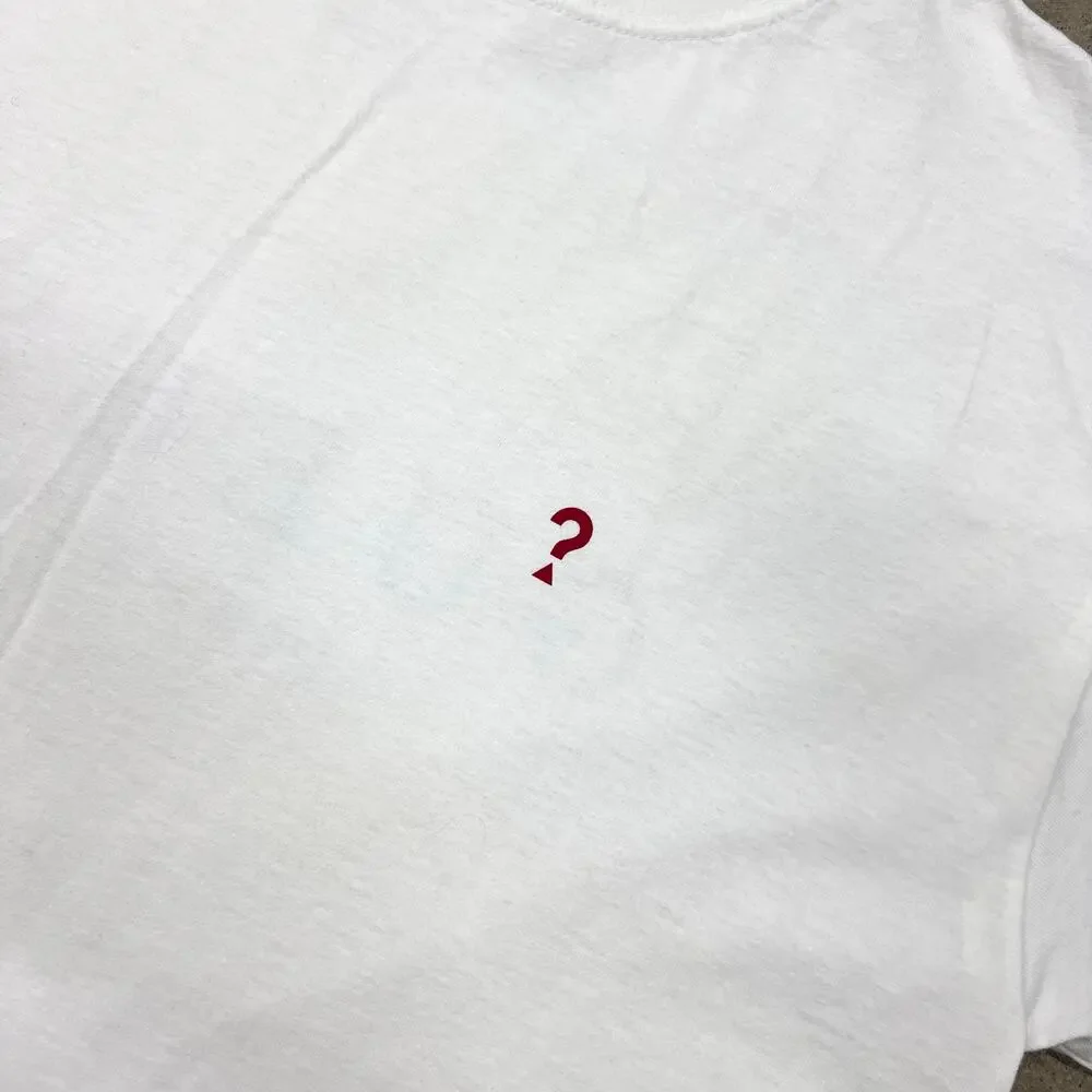 Vintage 90s Guess Jeans ? Question Mark Tee T Shirt Double Sided USA Made White - Picture 5 of 9